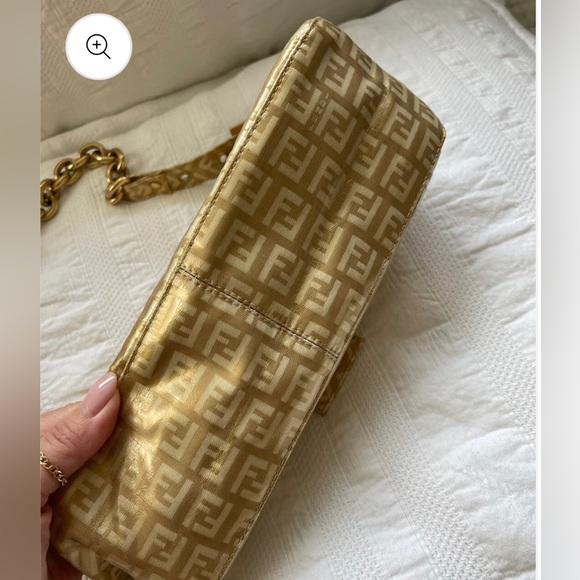 Fendi Baguette Double Flap Bag Zucca FF Canvas Coated Gold Authentic Vintage - Picture 6 of 11